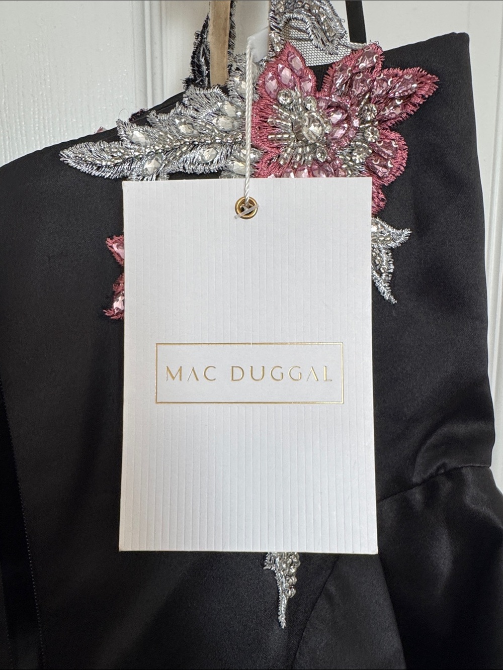 Mac Duggal 11955 Black Satin One-Shoulder Midi Dress with Beaded Flowers Size 10 - Picture 10 of 11